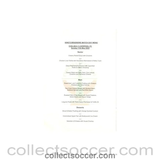 2003 - Chelsea v Liverpool Fishnets King’s Brasserie menu 11/05/2003