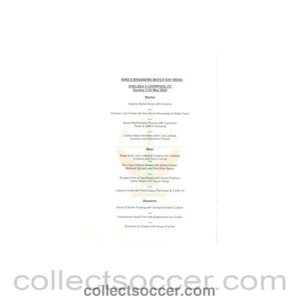 2003 - Chelsea v Liverpool Fishnets King's Brasserie menu 11/05/2003 - Collect Soccer