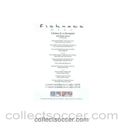 2003 - Chelsea v Liverpool Fishnets menu 11/05/2003 - Collect Soccer