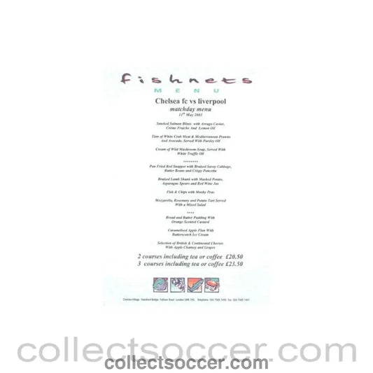 2003 - Chelsea v Liverpool Fishnets menu 11/05/2003