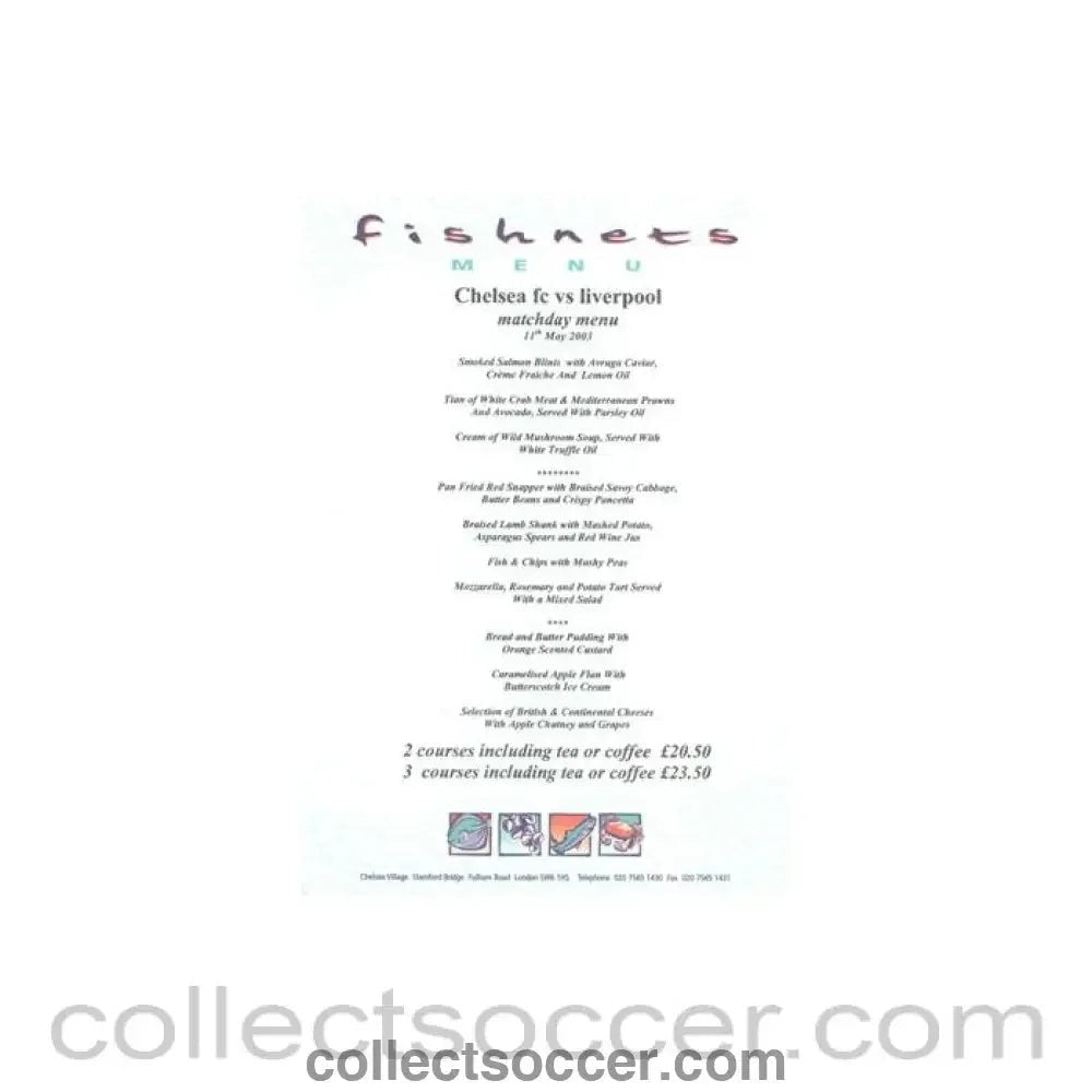 2003 - Chelsea v Liverpool Fishnets menu 11/05/2003 - Collect Soccer