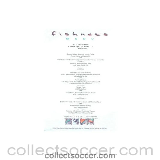 2003 - Chelsea v Manchester City Fishnets menu 22/03/2003