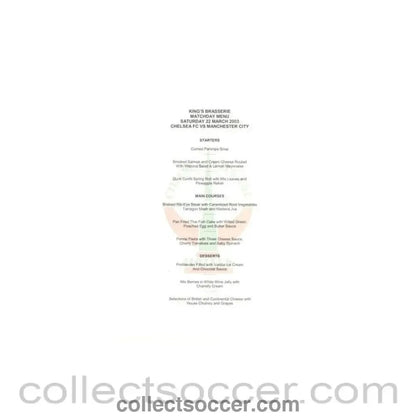2003 - Chelsea v Manchester City King's Brasserie menu 22/03/2003 - Collect Soccer