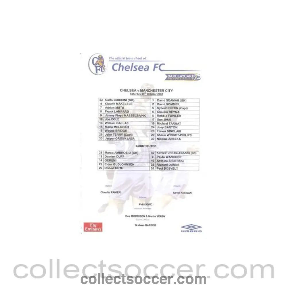 2003 - Chelsea v Manchester City official colour teamsheet 25/10/2003 Premier League - Collect Soccer