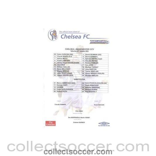 2003 - Chelsea v Manchester City official colour teamsheet 25/10/2003 Premier League - Collect Soccer