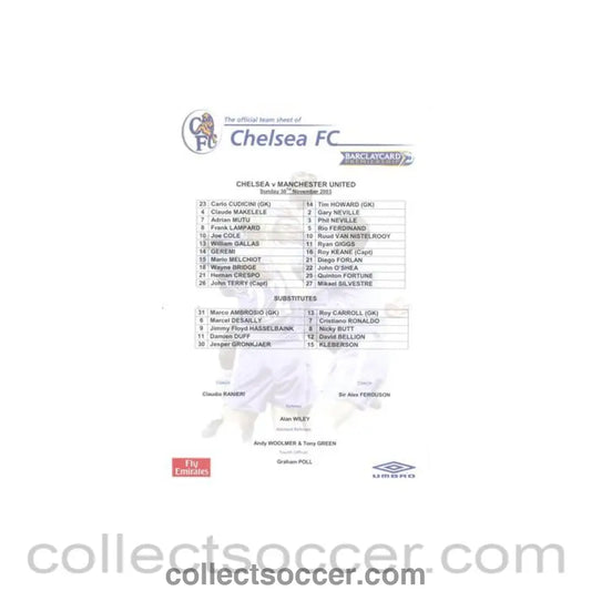 2003 - Chelsea v Manchester United official colour teamsheet 30/11/2003 Premier League - Collect Soccer