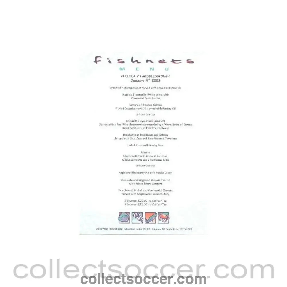 2003 - Chelsea v Middlesbrough menu 04/01/2003 - Collect Soccer