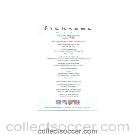 2003 - Chelsea v Middlesbrough menu 04/01/2003