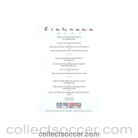 2003 - Chelsea v Newcastle United Fishnets menu 09/11/2003 Premier League
