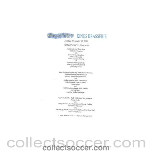 2003 - Chelsea v Newcastle United Kings Brasserie menu 09/11/2003 Premier League