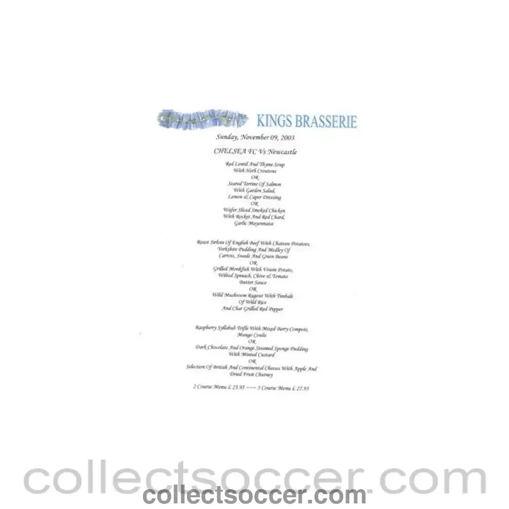 2003 - Chelsea v Newcastle United Kings Brasserie menu 09/11/2003 Premier League - Collect Soccer