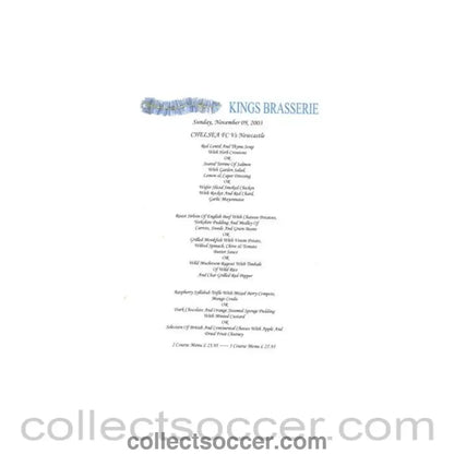 2003 - Chelsea v Newcastle United Kings Brasserie menu 09/11/2003 Premier League - Collect Soccer