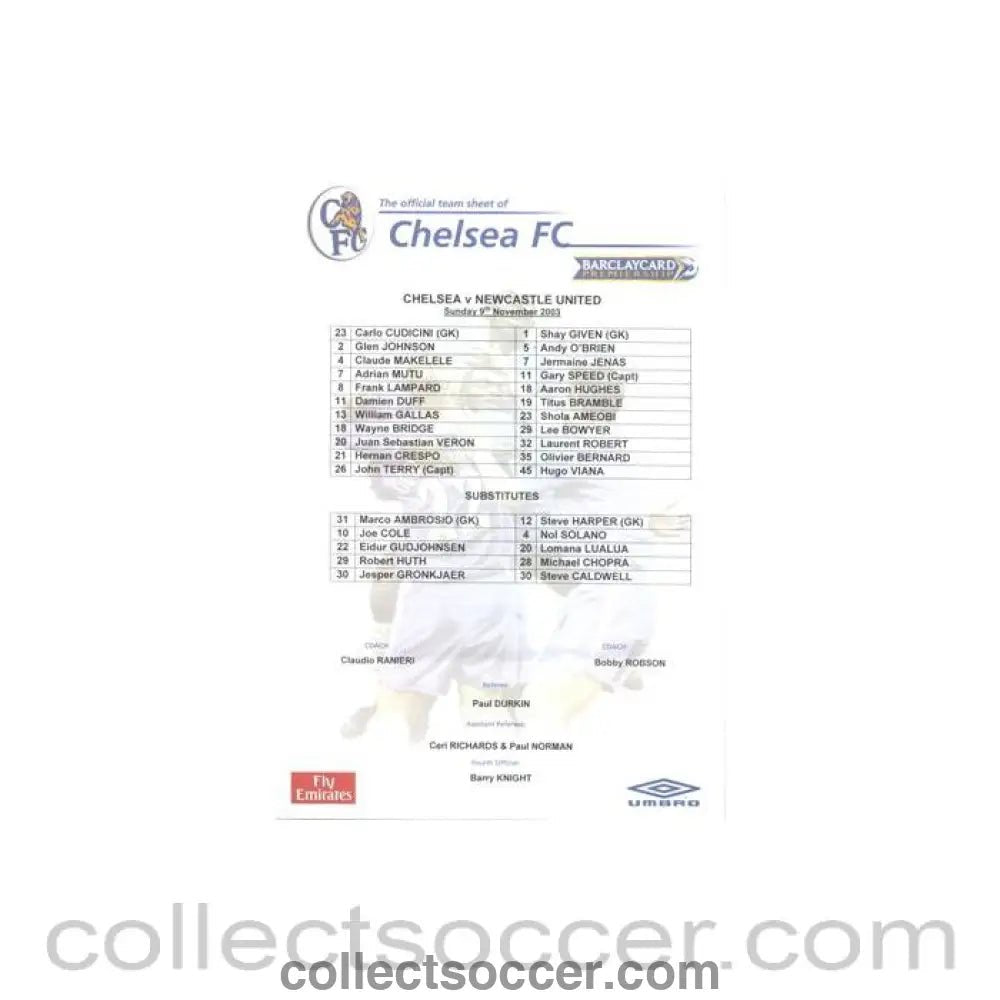 2003 - Chelsea v Newcastle United official colour teamsheet 09/11/2003 Premier League - Collect Soccer