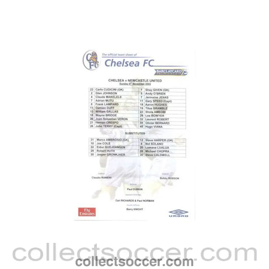 2003 - Chelsea v Newcastle United official colour teamsheet 09/11/2003 Premier League - Collect Soccer