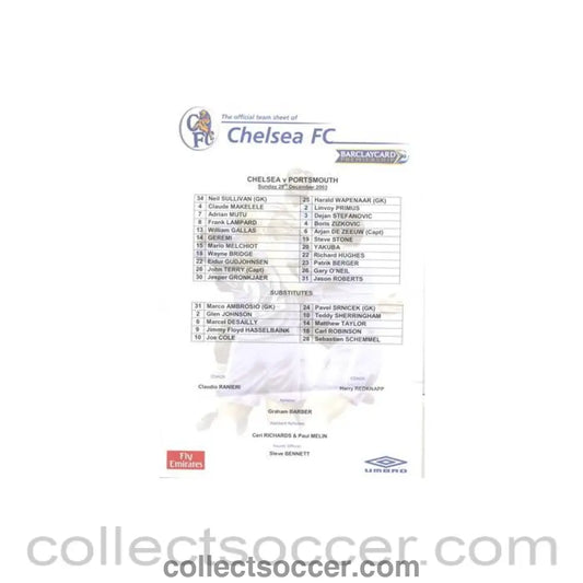 2003 - Chelsea v Portsmouth official colour teamsheet 28/12/2003 Premier League - Collect Soccer