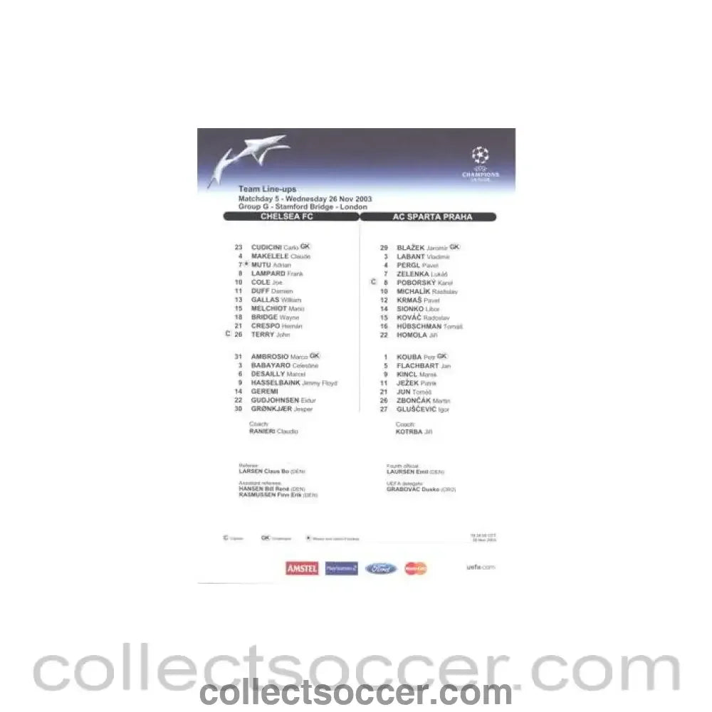 2003 - Chelsea v Sparta Prague official colour teamsheet 26/11/2003 Champions League - Collect Soccer
