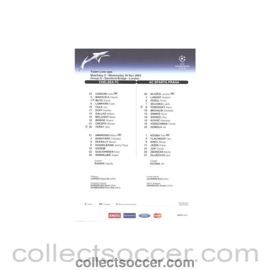 2003 - Chelsea v Sparta Prague official colour teamsheet 26/11/2003 Champions League - Collect Soccer