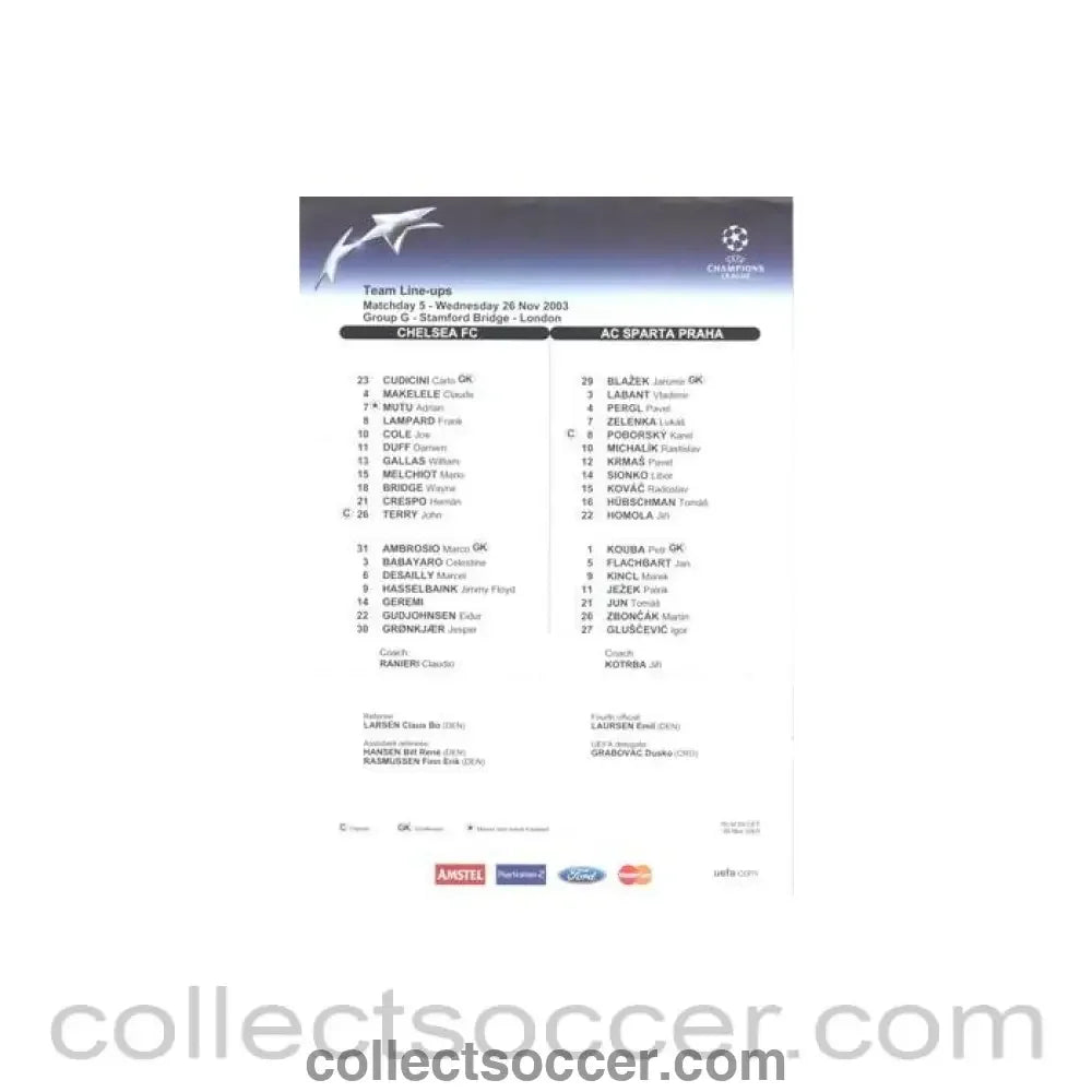 2003 - Chelsea v Sparta Prague official colour teamsheet 26/11/2003 Champions League - Collect Soccer