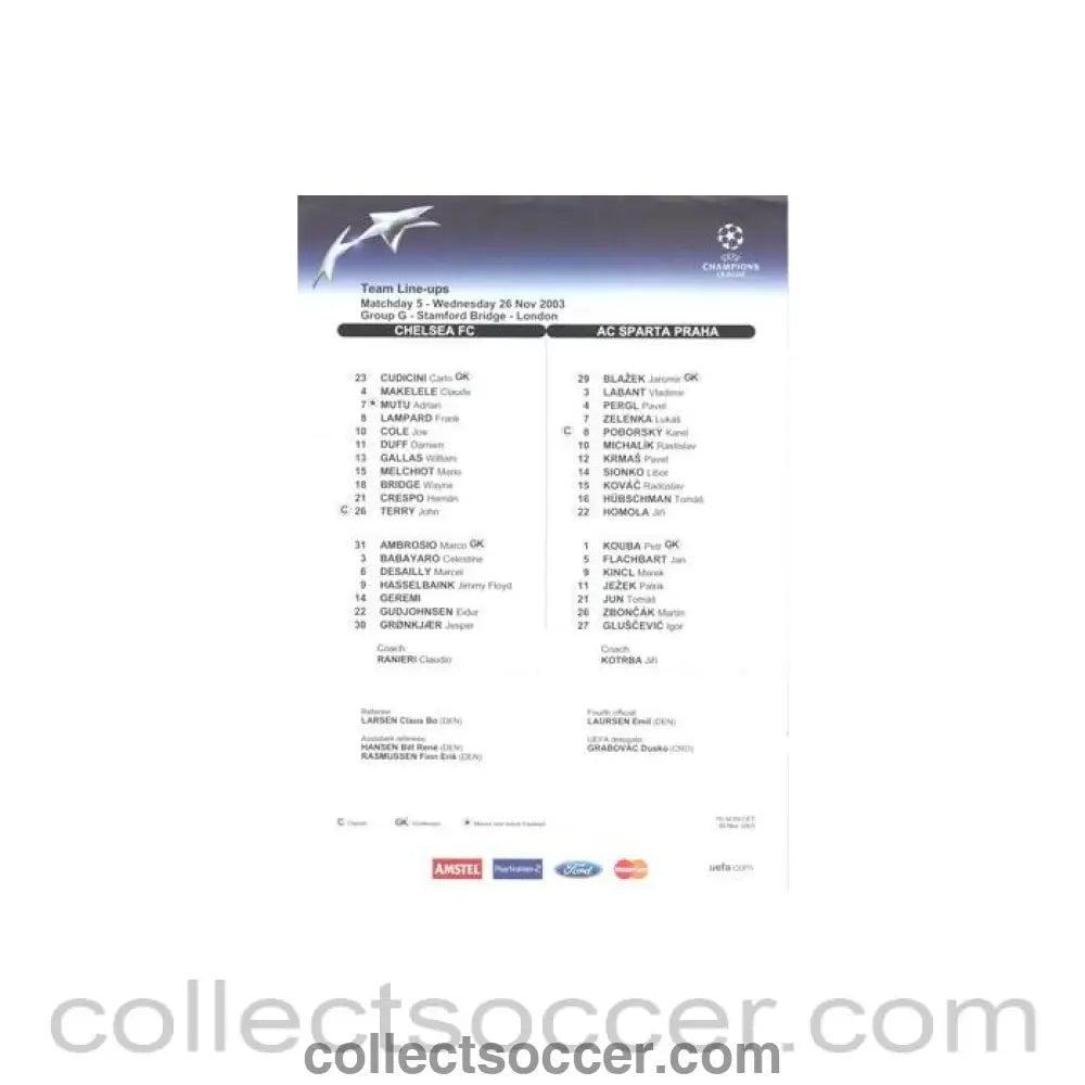 2003 - Chelsea v Sparta Prague official colour teamsheet 26/11/2003 Champions League - Collect Soccer