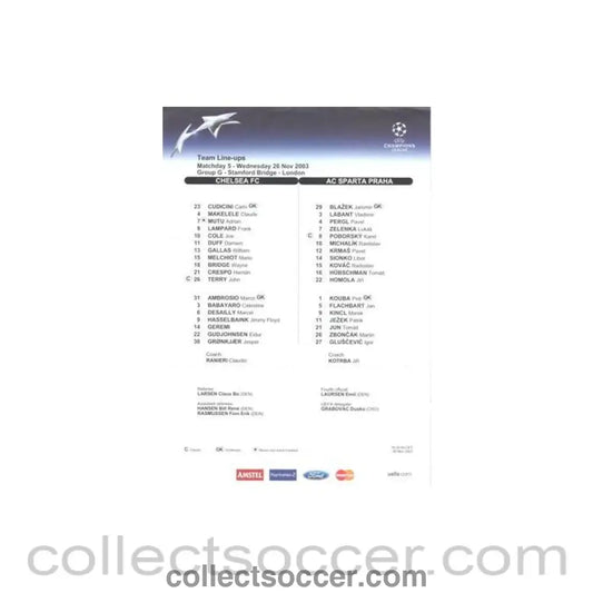 2003 - Chelsea v Sparta Prague official colour teamsheet 26/11/2003 Champions League - Collect Soccer