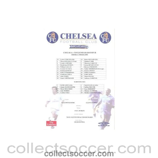 2003 - Chelsea v Tottenham Hotspur official colour teamsheet 01/02/2003 Premier League - Collect Soccer