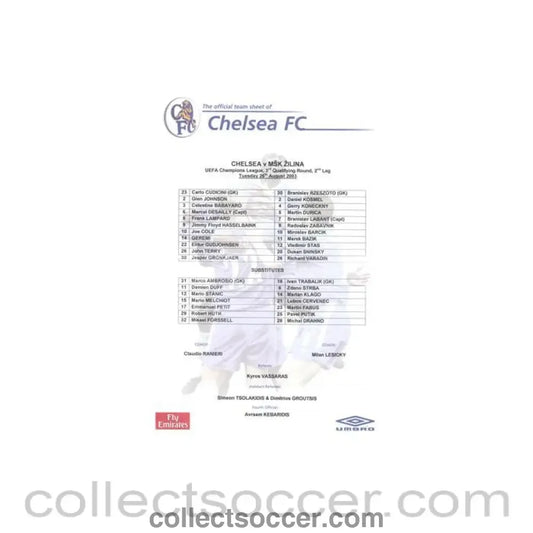 2003 - Chelsea v Zilina Moldova official colour teamsheet 26/08/2003 Champions League - Collect Soccer
