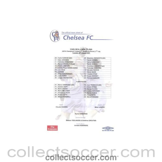 2003 - Chelsea v Zilina Moldova official colour teamsheet 26/08/2003 Champions League - Collect Soccer