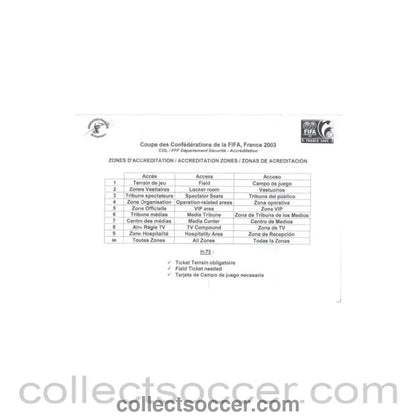 2003 Confederations Cup in France Accreditation Zones list - Collect Soccer