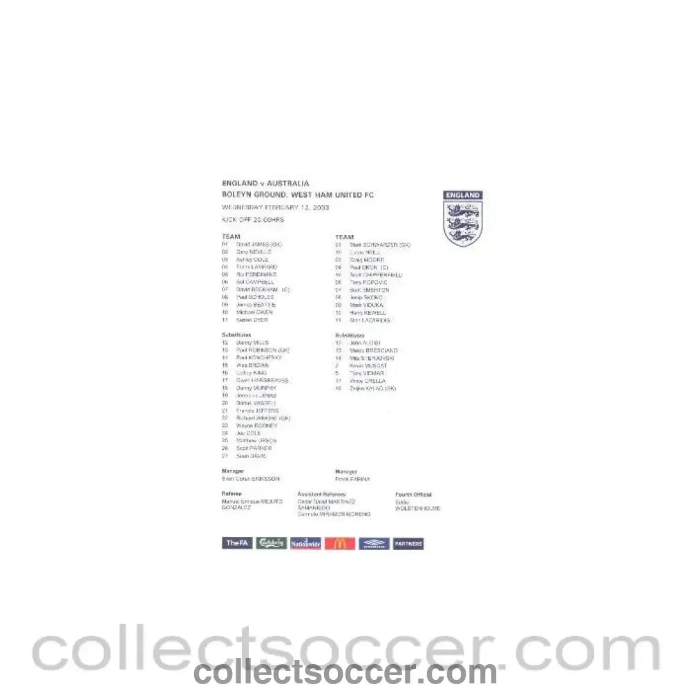 2003 - England v Australia Colour Teamsheet 12/02/2003 - Collect Soccer