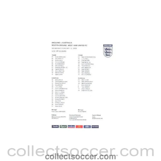 2003 - England v Australia Colour Teamsheet 12/02/2003 - Collect Soccer