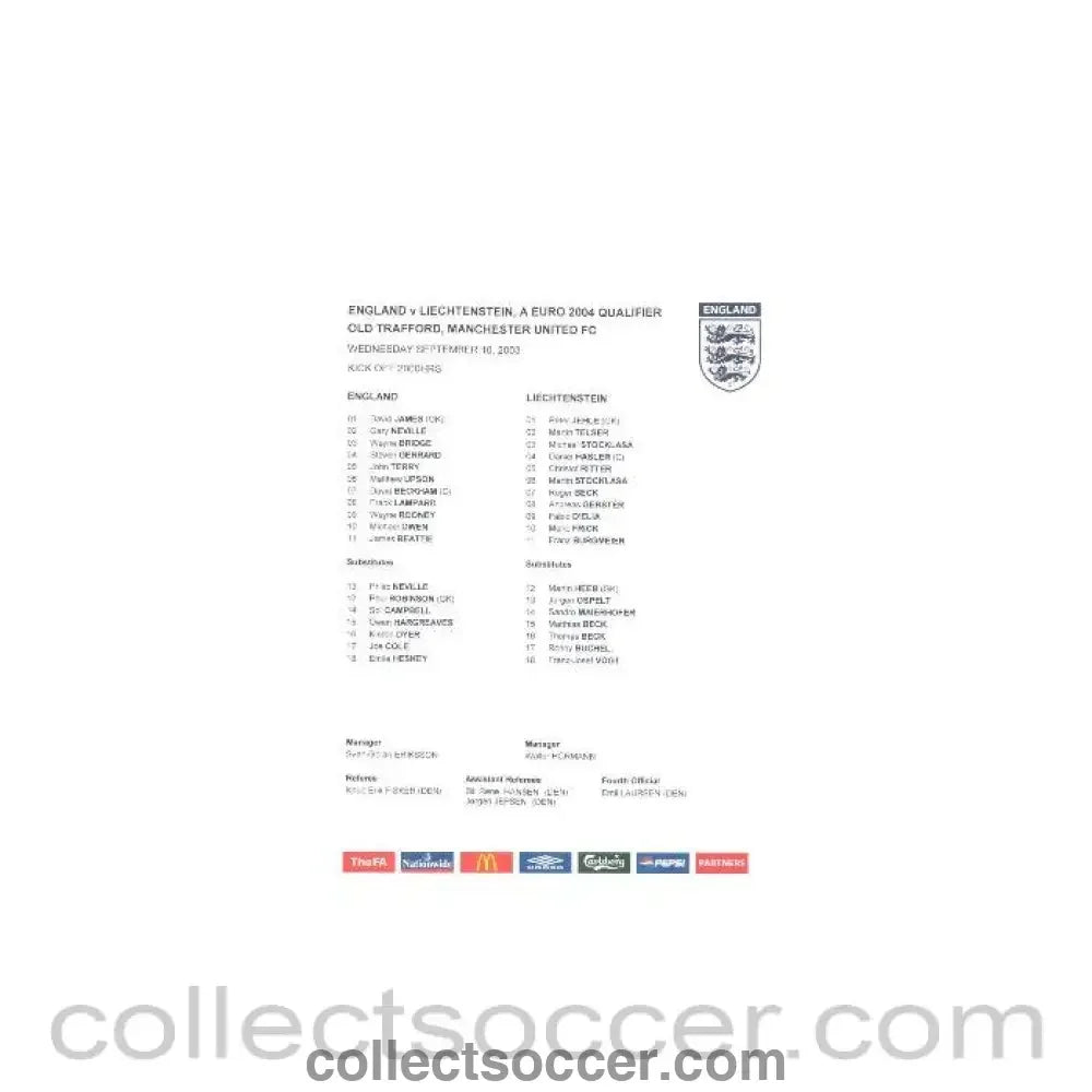 2003 - England v Lichtenstein official colour printed teamsheet 10/09/2003, a Euro 2004 qualifier at Old Trafford, Manchester United - Collect Soccer