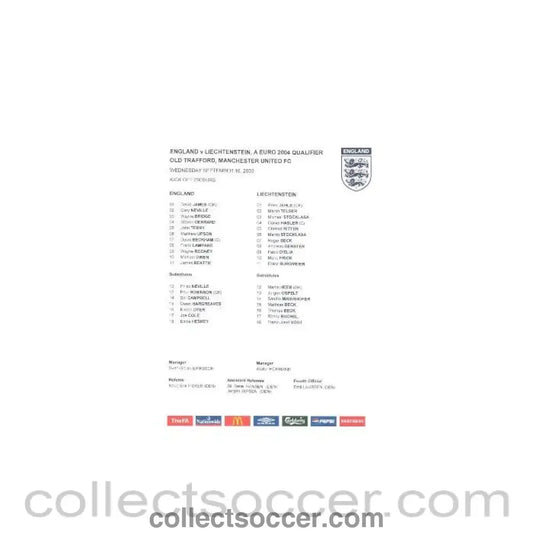 2003 - England v Lichtenstein official colour printed teamsheet 10/09/2003, a Euro 2004 qualifier at Old Trafford, Manchester United - Collect Soccer