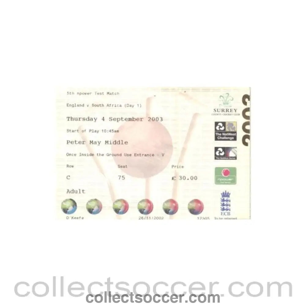 2003 - England v South Africa cricket ticket 04/09/2003