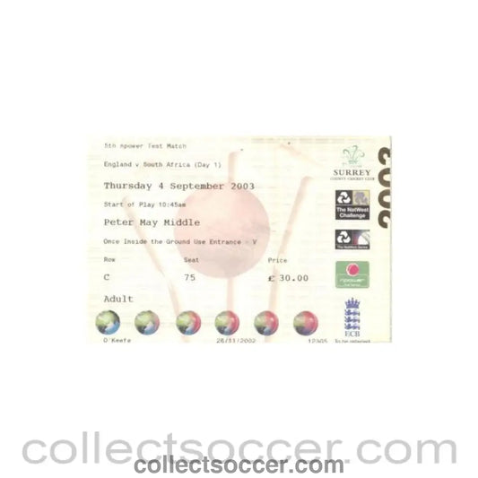 2003 - England v South Africa cricket ticket 04/09/2003