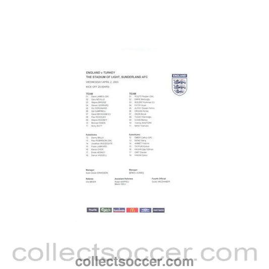 2003 - Englandv Turkey colour teamsheet 02/04/2003