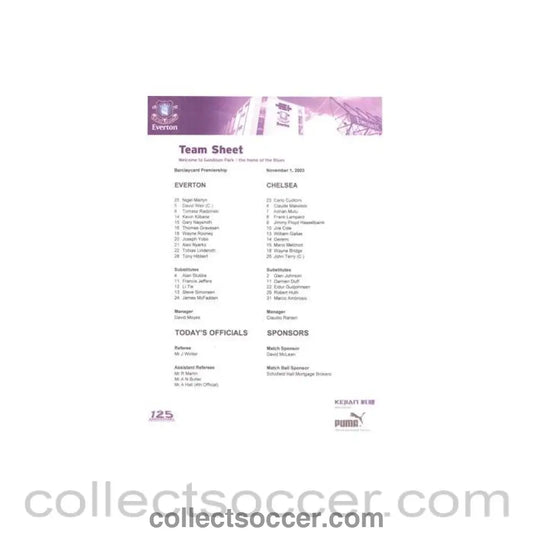 2003 - Everton v Chelsea official colour teamsheet 01/11/2003 Premier League - Collect Soccer