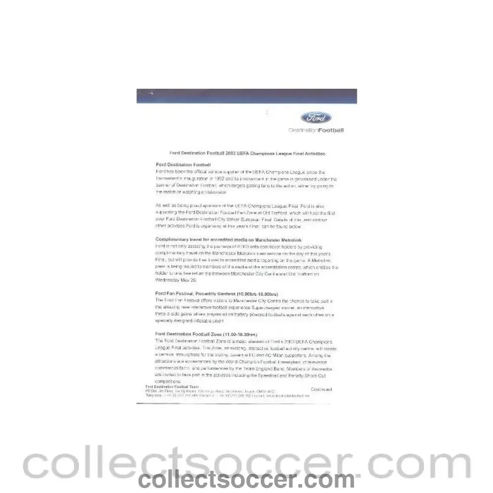 2003 - Ford Destination Football 2003 UEFA Champions League Final Activities press information - Collect Soccer