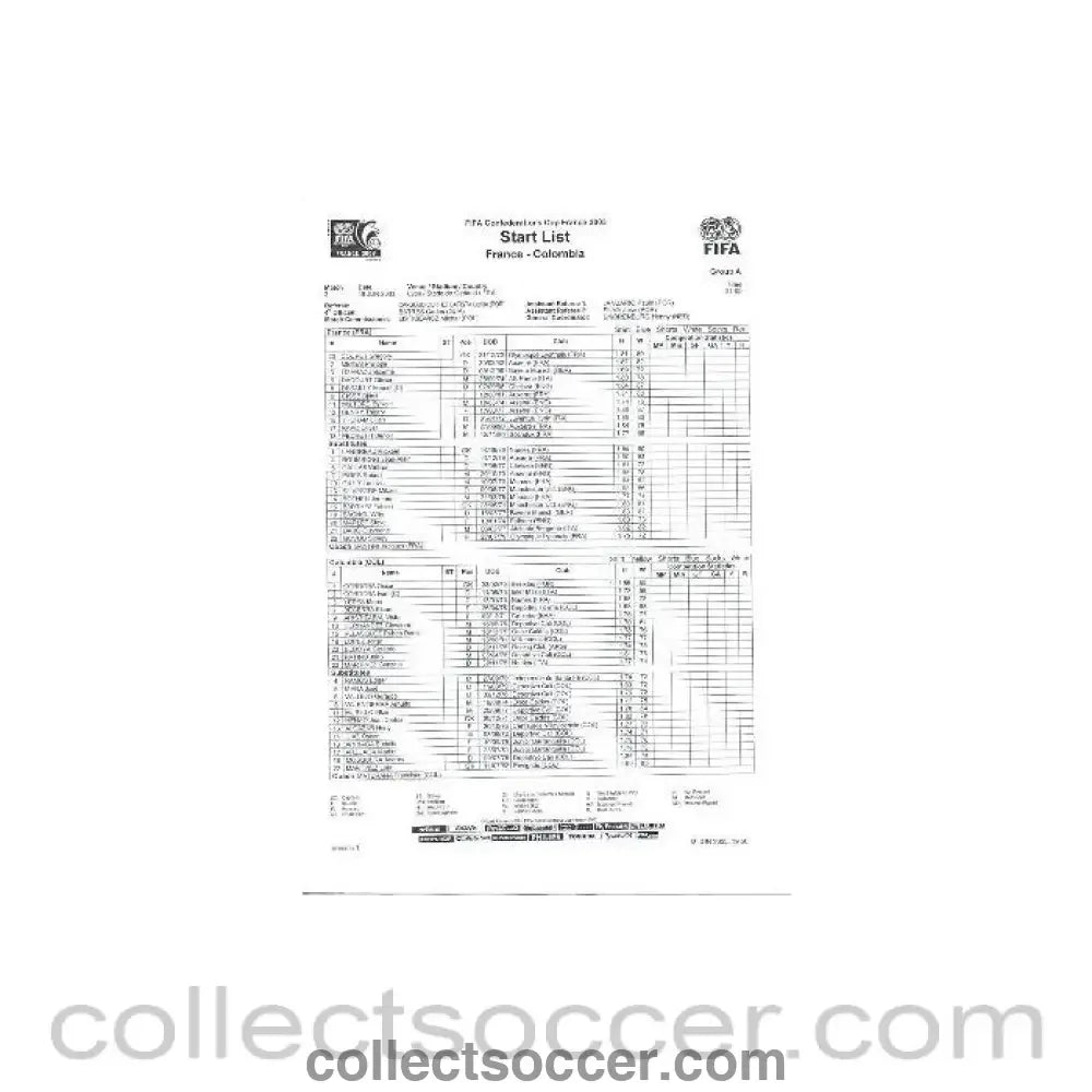 2003 - France v Colombia 18/06/2003 Start List FIFA Confederations Cup France 2003 - Collect Soccer