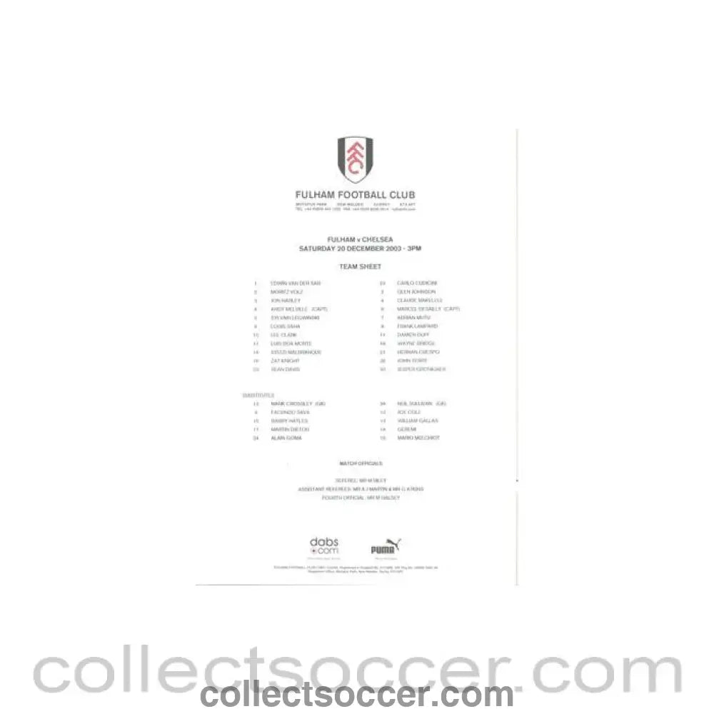 2003 - Fulham v Chelsea official colour teamsheet 20/12/2003 - Collect Soccer