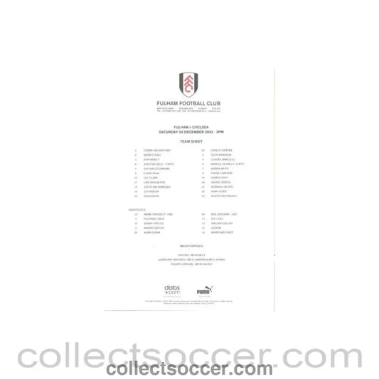 2003 - Fulham v Chelsea official colour teamsheet 20/12/2003 - Collect Soccer
