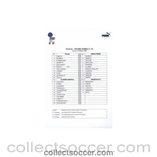 2003 - Italy U21's v England U21's official teamsheet 11/02/2003 - Collect Soccer