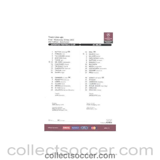2003 - Juventus v Milan official colour teamsheet 28/05/2003 Champions League Final at Manchester United