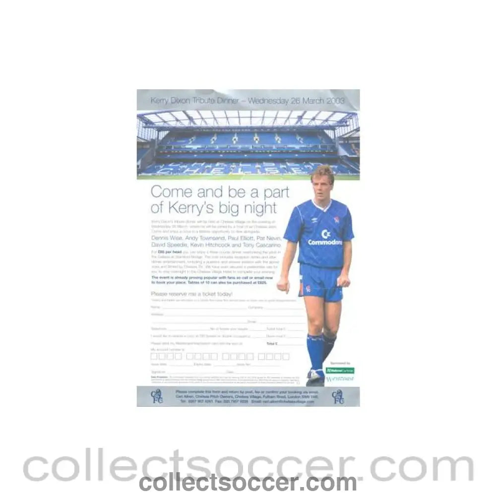 2003 - Kerry Dixon Tribute Dinner 26/03/2003 leaflet & reservation card