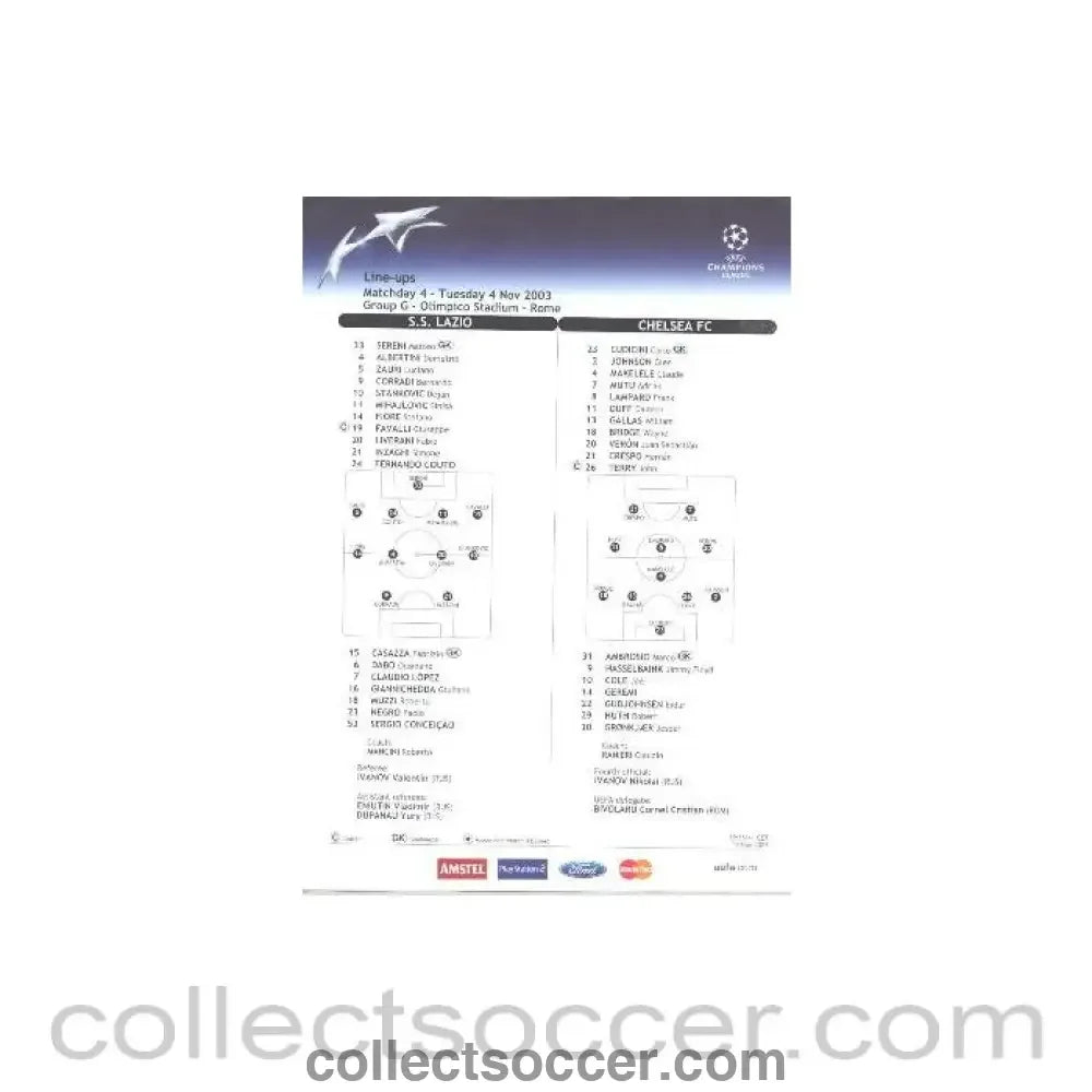 2003 - Lazio v Chelsea line - ups 04/11/2003 - Collect Soccer
