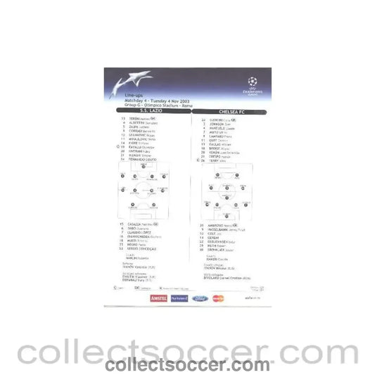 2003 - Lazio v Chelsea line-ups 04/11/2003