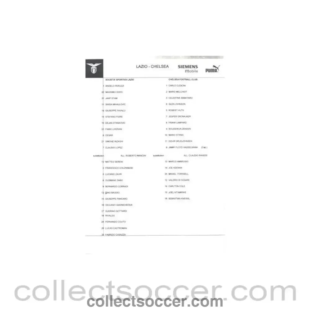 2003 - Lazio v Chelsea official teamsheet 04/11/2003