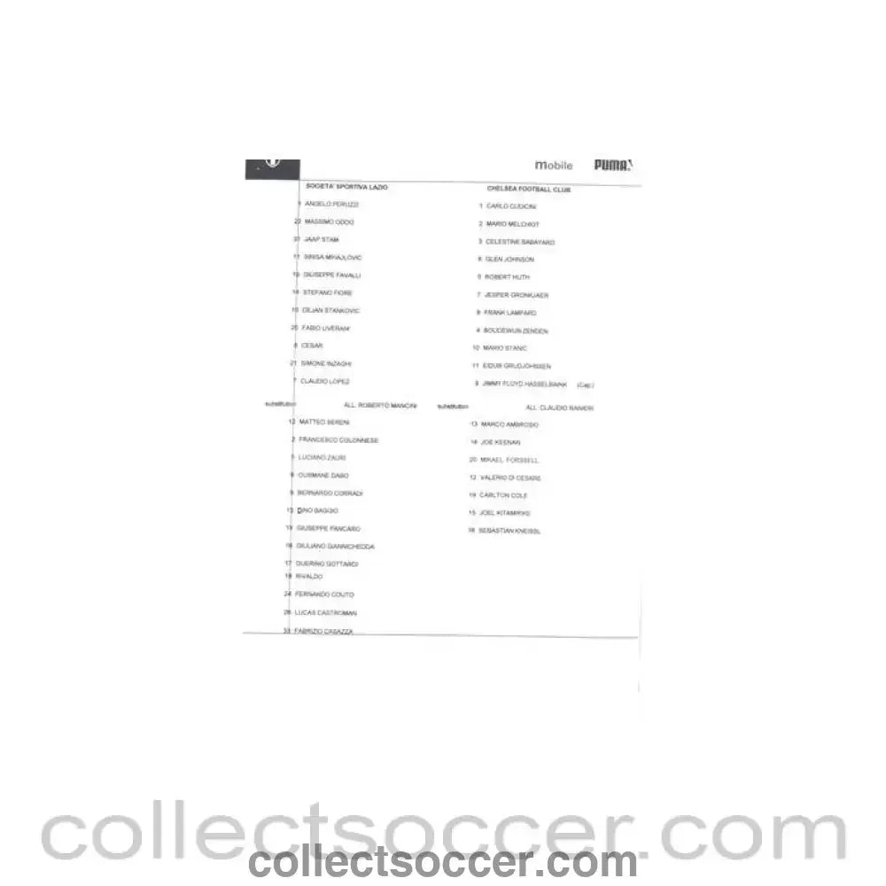 2003 - Lazio v Chelsea official teamsheet 04/11/2003