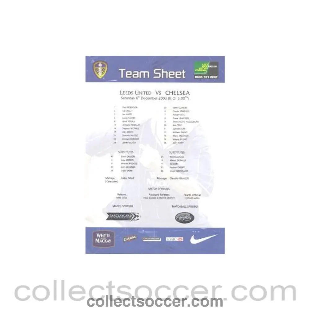 2003 - Leeds United v Chelsea official colour teamsheet 06/12/2003 Premier League - Collect Soccer