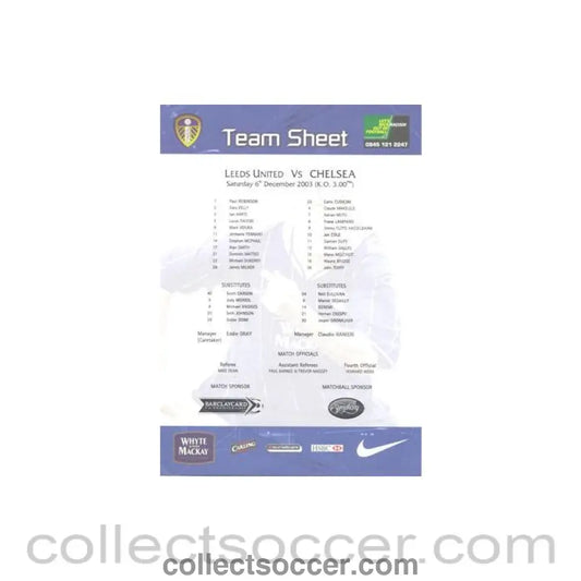 2003 - Leeds United v Chelsea official colour teamsheet 06/12/2003 Premier League - Collect Soccer