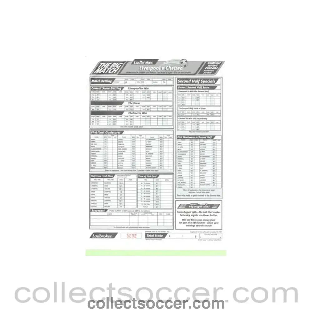 2003 - Liverpool v Chelsea betting slip 17/08/2003 Premier League - Collect Soccer